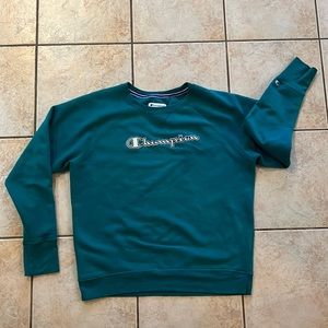 Vintage Peacock Blue Green‎ Embroidered Crewneck Sweatshirt, Sz L